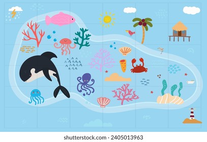 
sea tropic map with animals simple cartoon flat vector illustration