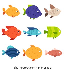 Sea, tropical, aquarium fish icons set. Vector flat illustration isolated on white background.