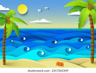 Sea tropical beach summer background. Seashore with palm tree and sand, water waves splashing in papercut vector illustration. Travel and vacation concept