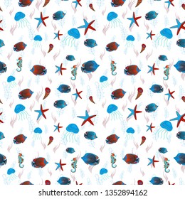Sea tropical fishes. Classical embroidery seamless pattern of tropical sea, fishes. Fashionable template for design of clothes in white, red and blue colors. Embroidery sea life vector collection.