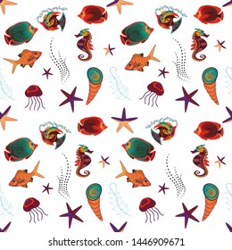 Sea tropical fishes. Fashionable template for design of clothes in orange, red and white colors. Classical embroidery seamless pattern of tropical sea, fishes. Embroidery sea life vector collection.