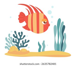 Peixes listrados tropicais do mar, algas e corais no fundo do mar arenoso. Nadando animal de caráter. Paisagem submarina. Ilustração vetorial. Coleção Kids