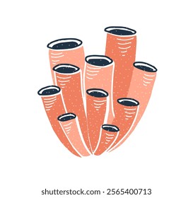 Sea tube sponges cluster. Underwater marine organism with cylindrical hollow structure. Exotic undersea fauna. Under water reef plant. Flat graphic vector illustration isolated on white background