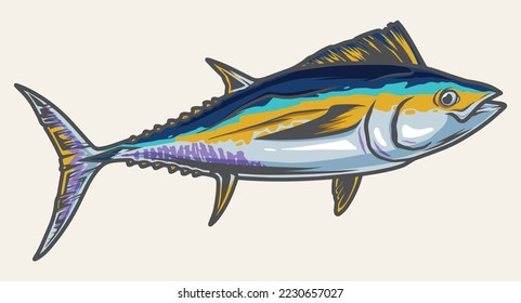 Sea tuna colorful detailed logotype beautiful Thunnini fish from mackerel family swimming in waters ocean for seafood advertising vector illustration