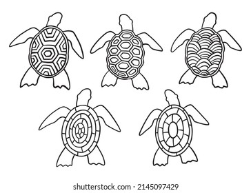 Sea turtle with abstract shell patterns doodle collection set. Vector illustration