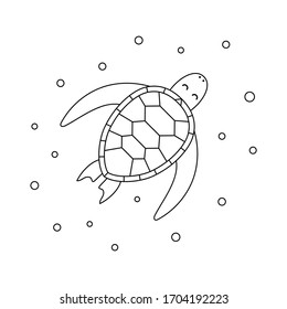 Sea turtle in air bubbles. Cartoon character. Vector illustration.