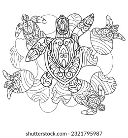 Sea turtle and baby hand drawn for adult coloring book