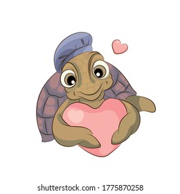 Sea turtle in a beret, with a heart on its paws. Cute animals Cartoon. Vector illustration Design element for sticker, flyer, print for t-shirts.