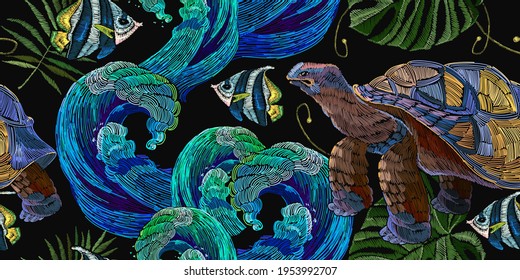 Sea turtle, big water wave and tropical fish in night ocean seamless pattern. Embroidery. Magic underwater art. Fashionable template for clothes, t-shirt design 