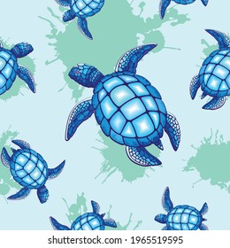 Sea Turtle Blue and Turquoise Vector Seamless Repeat Pattern