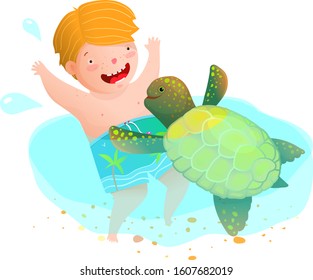 Sea Turtle and Boy having fun in the ocean playing diving together. Cute childhood scene a kid and a turtle friends playing. Watercolor style kindergarten or swimming snorkeling vacations cartoon.