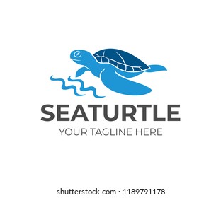 Sea turtle by the coastline and waves, logo design. Animal, wildlife, sea life and nature, vector design and illustration