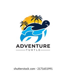 Sea turtle by the coastline and waves, logo design. Animal, wildlife, sea life and nature, vector design and illustration