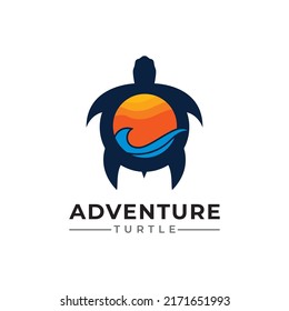 Sea turtle by the coastline and waves, logo design. Animal, wildlife, sea life and nature, vector design and illustration