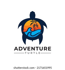 Sea turtle by the coastline and waves, logo design. Animal, wildlife, sea life and nature, vector design and illustration