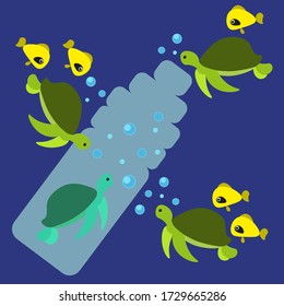 Sea turtle cannot get out of a plastic bottle. Ocean pollution in a flat style. Illustration of an environmental campaign.