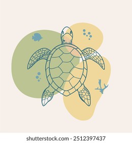 Sea Turtle Cartoon Animal Illustration on Blobs Background.