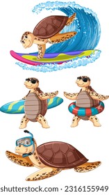 Sea Turtle Cartoon Characters in Summer Theme illustration