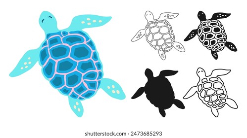 Sea turtle cartoon sign set. Ocean tortoise swimming animal funny kids flat silhouette, symbol icon linear design. Simple comic cute children drawing. Tropical marine animal art vector illustration