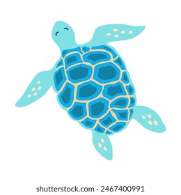 Sea turtle cartoon vector illustration art. Ocean tortoise swimming animal funny kids flat design. Simple comic cute drawing for children. Happy tropical marine animal isolated white background