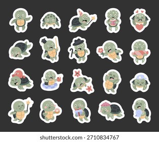 Personaje de la tortuga marina en estilo escandinavo que muestra momentos de vacaciones encantadores con poses sonrientes, lectura de libros, celebración, bengala, regalo, corazón, puntero, flor