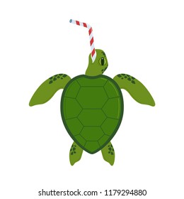 A sea turtle chokes on a straw. Illustration of ecology concept.