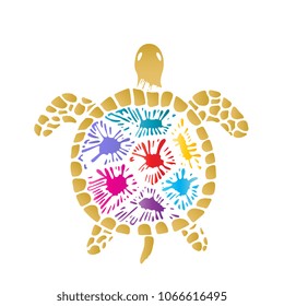 Sea turtle with colored blots on the shell.