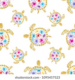 Sea turtle with colored blots on the shell seamless pattern.