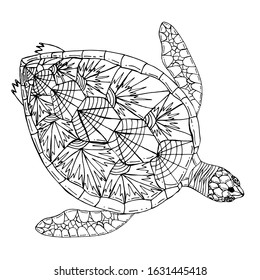 Sea Turtle Coloring Book. Hand drawing coloring book for children and adults. Beautiful drawings with patterns and small details. For anti-stress and children's coloring page, emblem or tattoo.