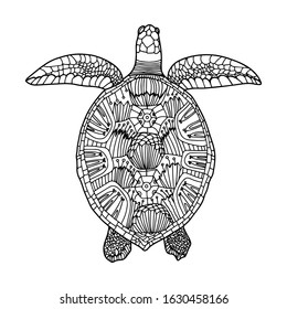 Sea Turtle Coloring page. Ocean turtle coloring book. Vector coral reef tortoise. Doodle tropical sea animal isolated on white background. Outline illustration. Antistress sketch drawing for adult,ki