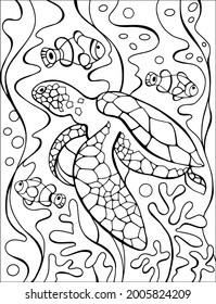 Sea Turtle, Coral reef and seashells coloring page. Original coloring underwater world. Summer fun. Black and white graphic T shirt print. Sketch of ornaments for creativity of children and adults. 