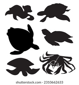 Sea turtle and Sea crab graphic icon. Isolated black silhouette of a sea green turtle and sea crab on a white background. Side view. View from above. Vector illustration