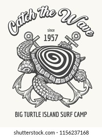 Sea Turtle and Crossed Anchors with wording Catch the Wave. Surfing camp or school emblem drawn in retro style. Vector illustration.