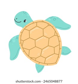 Sea turtle in a cute cartoon style isolated on white. Vector illustration with a green smiling turtle