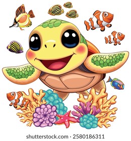 Sea Turtle Cute and Happy Baby Sea Animal on Summer Underwater with tropical fishes and Corals vector Illustration

