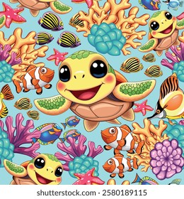 Sea Turtle Cute and Happy Baby Sea Animal on Summer Underwater with tropical fishes and Corals vector Seamless Textile Pattern
