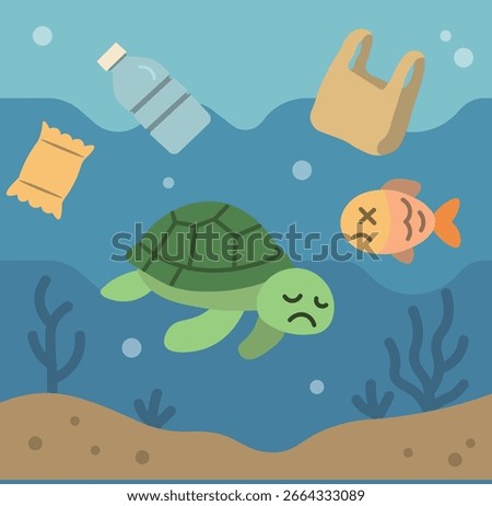 Sea turtle and dead fish suffering from ocean plastic pollution illustration