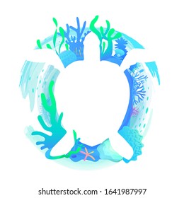 Sea turtle with decorative of underwater world scene of coral reefs and sea life . Vector illustration