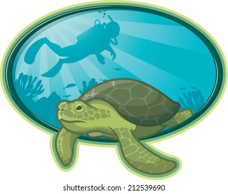 Sea Turtle and Diver. Illustration of a Sea Turtle swimming near a coral reef and a scuba diver in the background