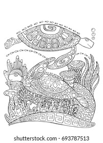 Sea turtle doodle style coloring page. Underwater vector illustration for adult coloring. Sea turtles underwater with corals. Black line bordered coloring page. Corals and sea tortoise vertical card