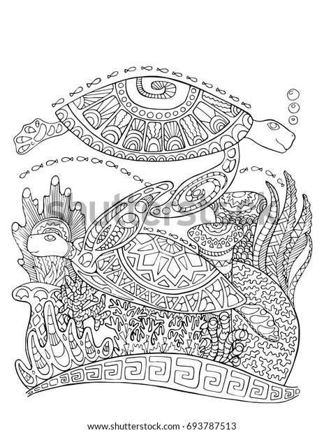 Sea Turtle Doodle Style Coloring Page Stok Vektör (Telifsiz) 693787513