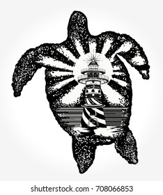 Sea turtle double exposure animals t-shirt design. Symbol of tropical travel, adventure, surf. Lighthouse on edge of cliff 