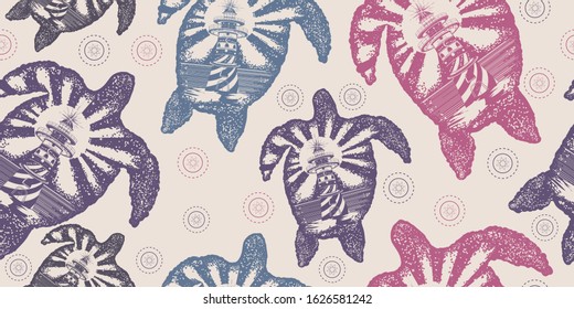 Sea turtle double exposure. Seamless pattern. Packing old paper, scrapbooking style. Vintage background. Medieval manuscript, engraving art. Symbol of tropical travel, adventure, surf 