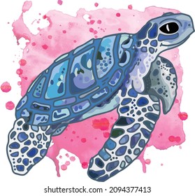 Sea Turtle Drawing for children. Happy Blue Caretta Caretta Illustration Swimming. Tortoise character for children's book or t-shirt print with watercolor splatter pink background.