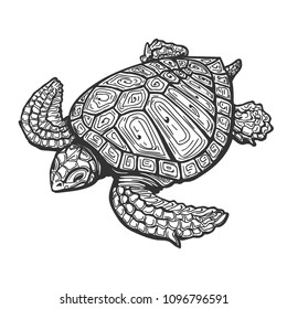 Sea Turtle  Drawn in Tattoo Style. Vector Illustration