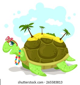 Sea turtle with an exotic island on it's back. Funny illustration for tropical travel. The turtle has a party sunglasses and the hawaii flowers necklace.