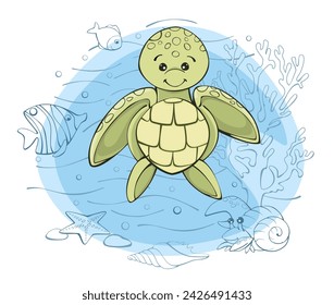 sea turtle fish crayfish plants, shells. vector illustration, in cartoon style.