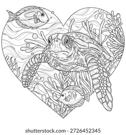 Tortuga marina y peces bajo el agua. Ilustración en forma de corazón. Libro para colorear antiestrés para niños y adultos. Ilustración aislada sobre fondo blanco. Estilo de enredo zen. Dibujo a mano
