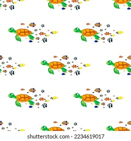 sea turtle and fishes, seamless pattern, vector illustration