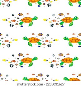 sea turtle and fishes, seamless pattern, vector illustration